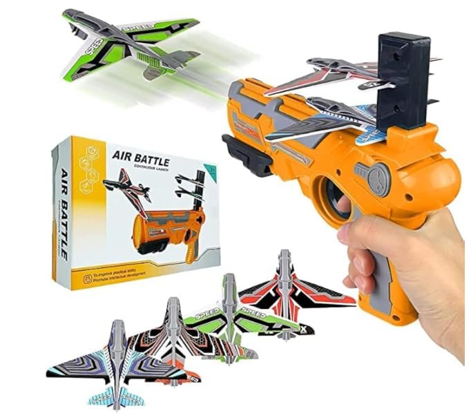 51RZunysDQL Air Battle Foam Airplane Launcher Catapult Gun Toy for Kids, Includes 4 Foam Gliders, Continuous Launch Outdoor Active Play Toy, STEM Learning Toy for Boys & Girls Ages 3+ - Image 1